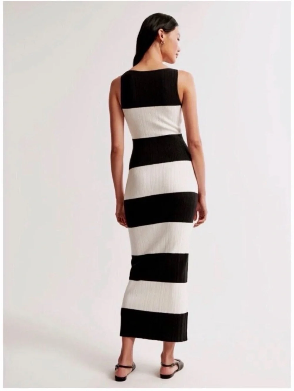 Black and White Striped Ribbed Midi Dress